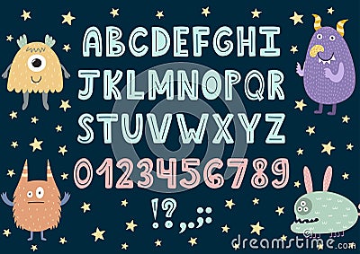 Hand drawn alphabet with cute monsters Vector Illustration